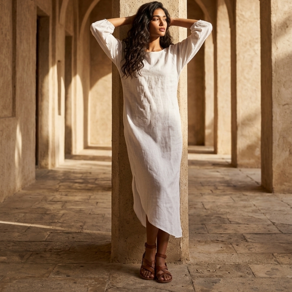 Asymmetrical White Tie-Waist Midi Dress